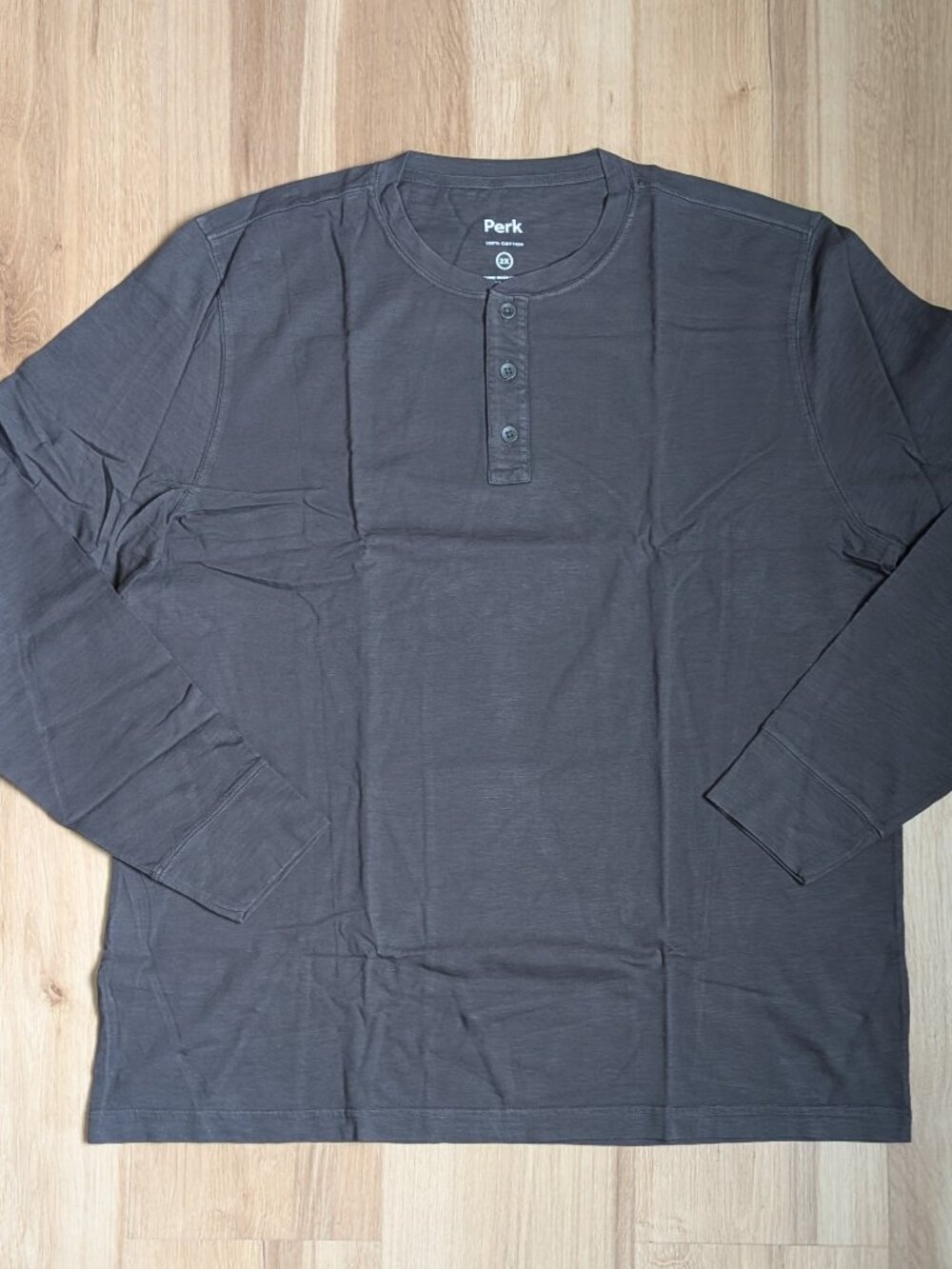 NWT Perk Men's Low Key Long Sleeve Henley T Shirt 2XL Graphite Grey 100% Cotton